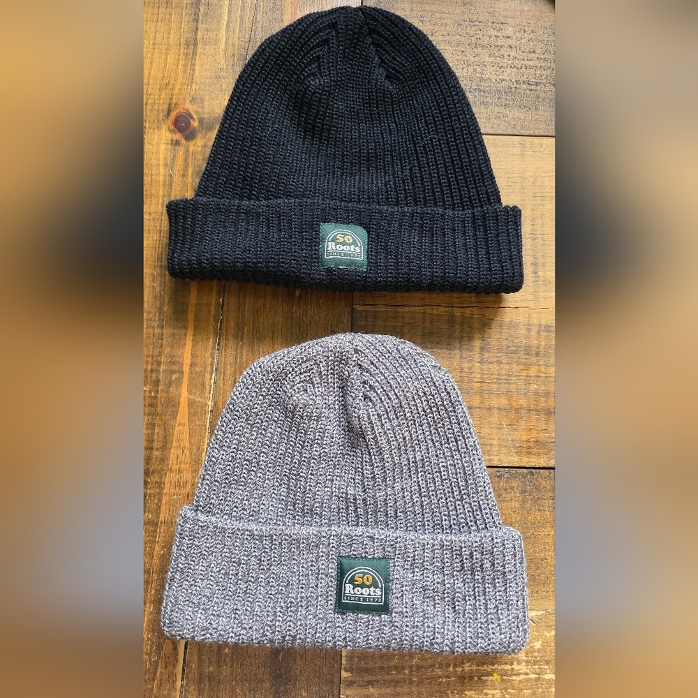Roots Charcoal and Light Gray Knit Beanies